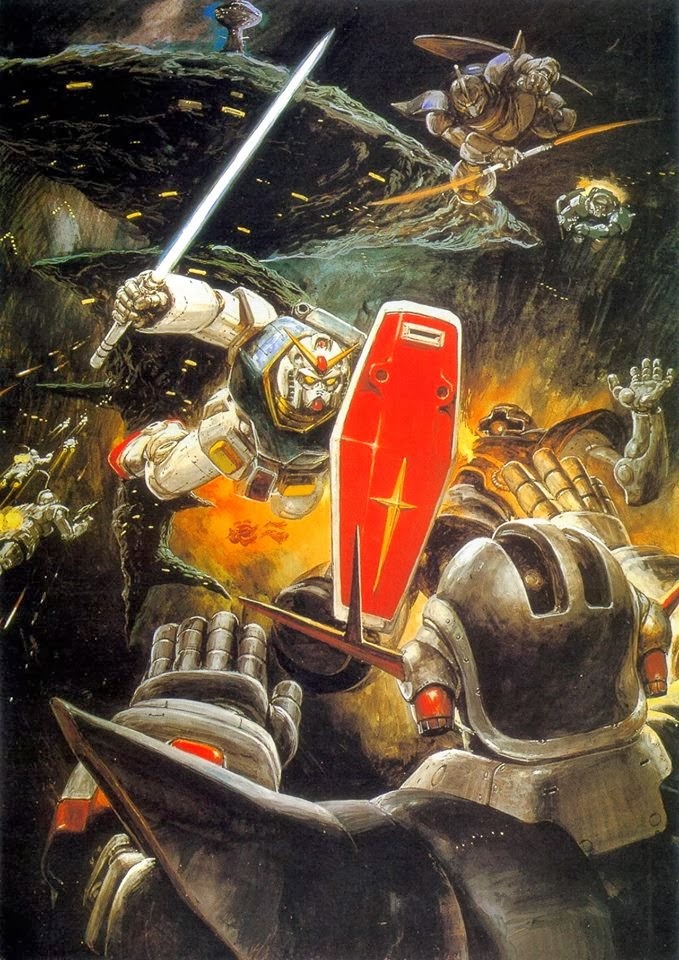 1980s_(style) a_baoa_qu asteroid battle energy_sword gelgoog gogg gundam mecha mobile_suit mobile_suit_gundam no_humans oldschool realistic retro_artstyle robot rx-78-2_gundam science_fiction shield space takani_yoshiyuki zeong