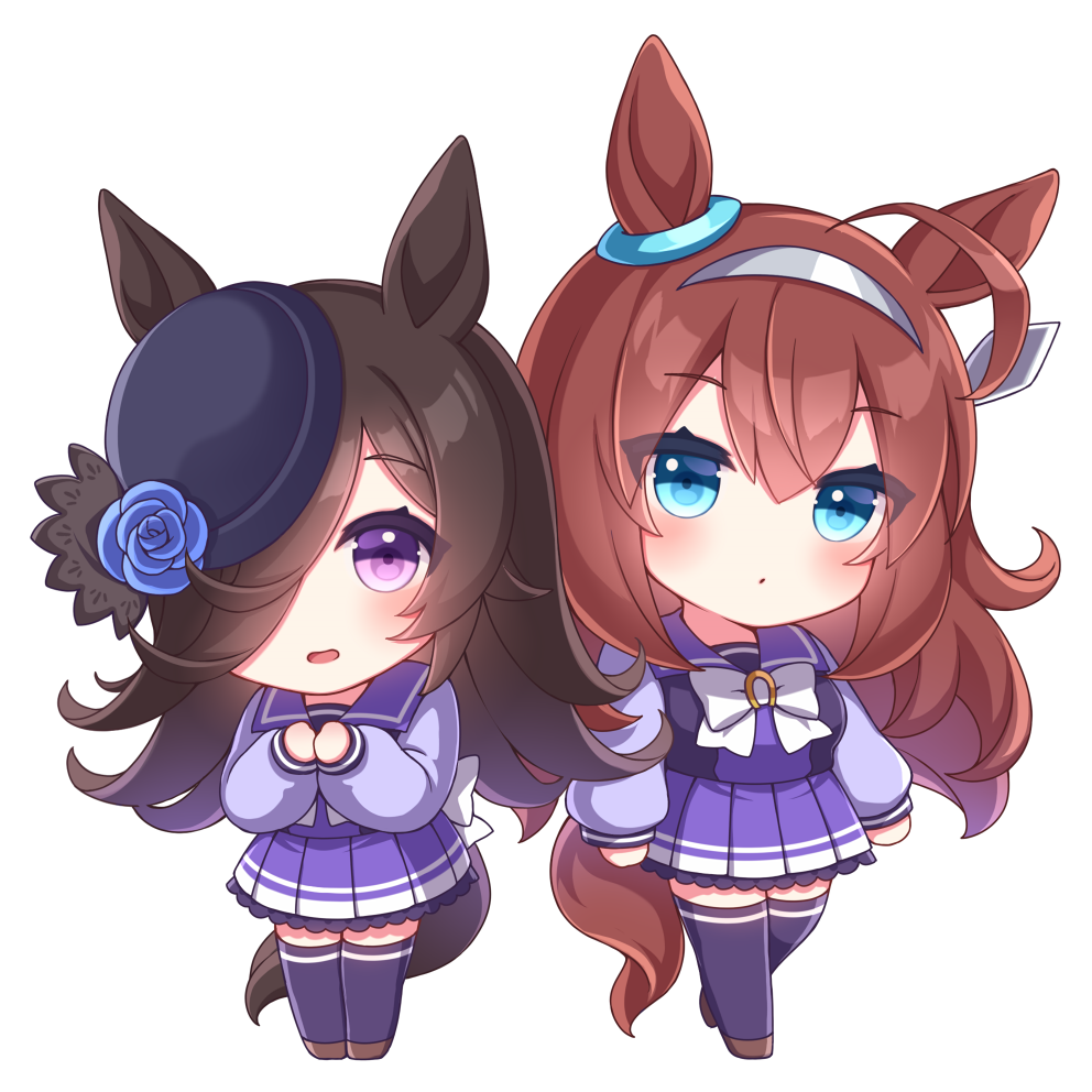 2girls ahoge animal_ears asymmetrical_bangs blue_eyes blue_flower blue_hat blue_rose blush bow bowtie brown_hair brown_shoes chibi chibi_only commentary_request double-parted_bangs ear_ornament flipped_hair flower hair_over_one_eye hairband hat hat_flower horse_ears horse_girl horse_tail horseshoe_ornament loafers long_hair long_sleeves looking_at_viewer metal_hairband mihono_bourbon_(umamusume) multiple_girls open_mouth parted_lips pleated_skirt purple_eyes purple_sailor_collar purple_shirt purple_skirt purple_thighhighs rice_shower_(umamusume) rose sailor_collar sailor_shirt sanotsuki school_uniform shirt shoes simple_background skirt tail thighhighs tilted_headwear tracen_school_uniform umamusume white_background white_bow white_bowtie winter_uniform