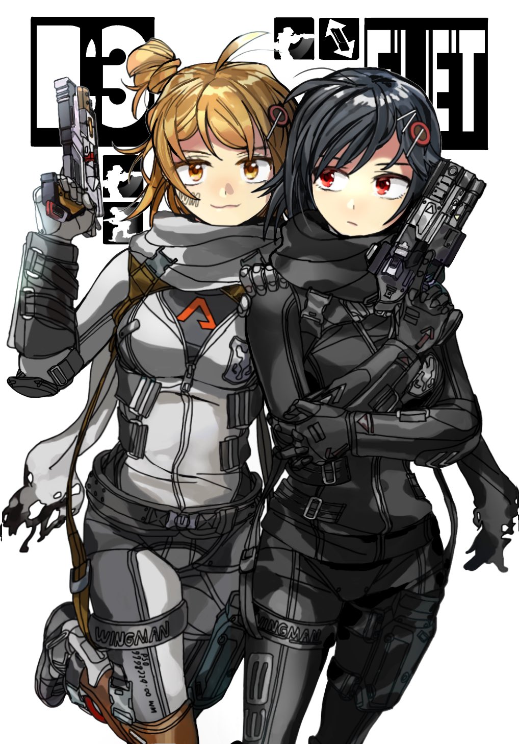 2girls animification arm_around_shoulder b3_wingman b3_wingman_elite black_bodysuit black_gloves black_hair black_scarf bodysuit breasts brown_eyes gloves grey_bodysuit grey_gloves grey_scarf gun hair_bun handgun highres holding holding_gun holding_weapon kotone_a leg_up looking_at_another looking_at_viewer looking_to_the_side medium_breasts multiple_girls personification red_eyes revolver scarf short_hair single_side_bun smile thigh_strap titanfall_(series) titanfall_2 trigger_discipline weapon
