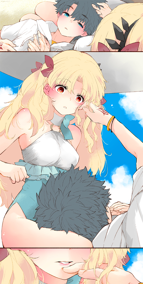 1boy 1girl azumi_(myameco) bare_shoulders blonde_hair blue_eyes blue_sky blush breasts cloud command_spell commentary_request day ereshkigal_(fate) fate/grand_order fate_(series) fujimaru_ritsuka_(male) fujimaru_ritsuka_(male)_(summer_street) hair_ribbon hetero long_hair looking_at_another medium_breasts one-piece_swimsuit outdoors parted_lips red_eyes red_ribbon ribbon sky space_ereshkigal_(fate) space_ereshkigal_(first_ascension)_(fate) swimsuit