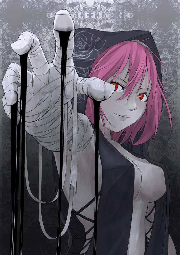 1girl bad_id bad_pixiv_id bandages breasts dress female_focus hitsuki_(akifumi) hitsuki_aki_(forked_road) hood ibaraki_kasen jitsugetsu medium_breasts open_clothes open_dress outstretched_hand pink_hair red_eyes short_hair sideboob solo touhou