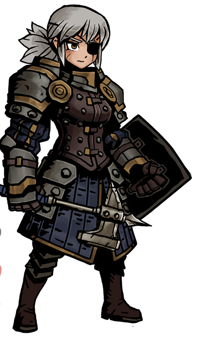 1girl armor artist_request boots brigandine_(armor) brown_eyes darkest_dungeon eyepatch facial_scar faulds female_knight full_body gauntlets genderswap gorget grey_hair hammer holding holding_hammer holding_shield holding_weapon knee_boots knight man-at-arms_(darkest_dungeon) one_eye_covered pauldrons ponytail puffy_sleeves scar scar_across_eye scar_on_cheek scar_on_face shield shirt shoulder_armor solo standing striped_clothes striped_shirt vambraces warhammer weapon white_background