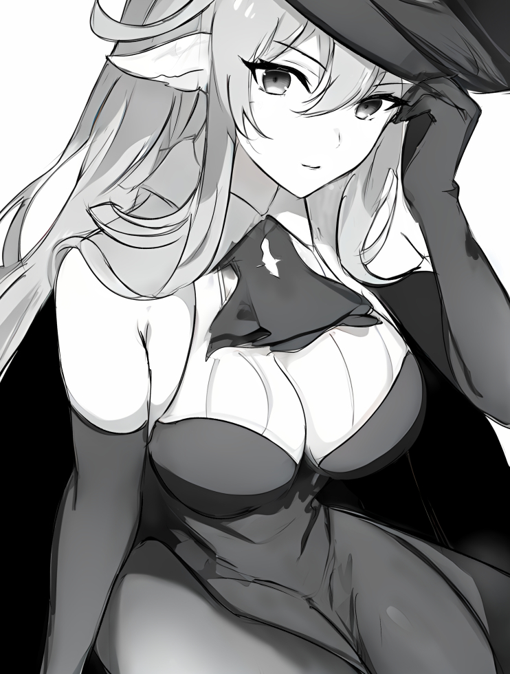 1girl animal_ears arknights ascot bare_shoulders breasts closed_mouth commentary degenbrecher_(arknights) degenbrecher_(the_shadow_of_the_dark_moon)_(arknights) dress elbow_gloves gloves goat_ears greyscale hat large_breasts looking_at_viewer monochrome official_alternate_costume pantyhose pelvic_curtain raifu_(rf) simple_background sitting sleeveless sleeveless_dress smile white_background