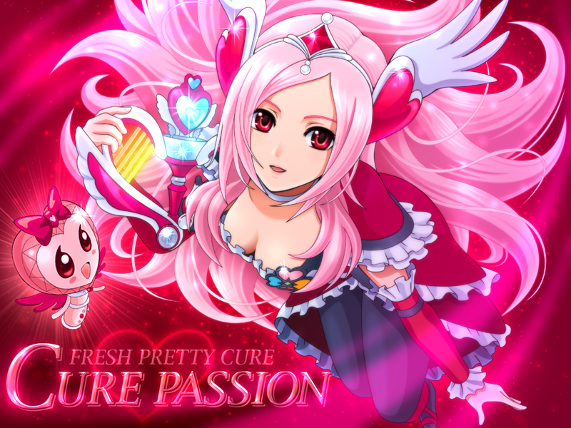 00s 1girl akarun black_legwear breasts character_name choker cleavage copyright_name cure_passion detached_sleeves dress female_focus fresh_precure! frills hair_ornament harp head_wings heart heart_hair_ornament higashi_setsuna instrument long_hair magical_girl medium_breasts pink_hair precure red_eyes sekken_kasu_barrier solo tiara white_choker wings