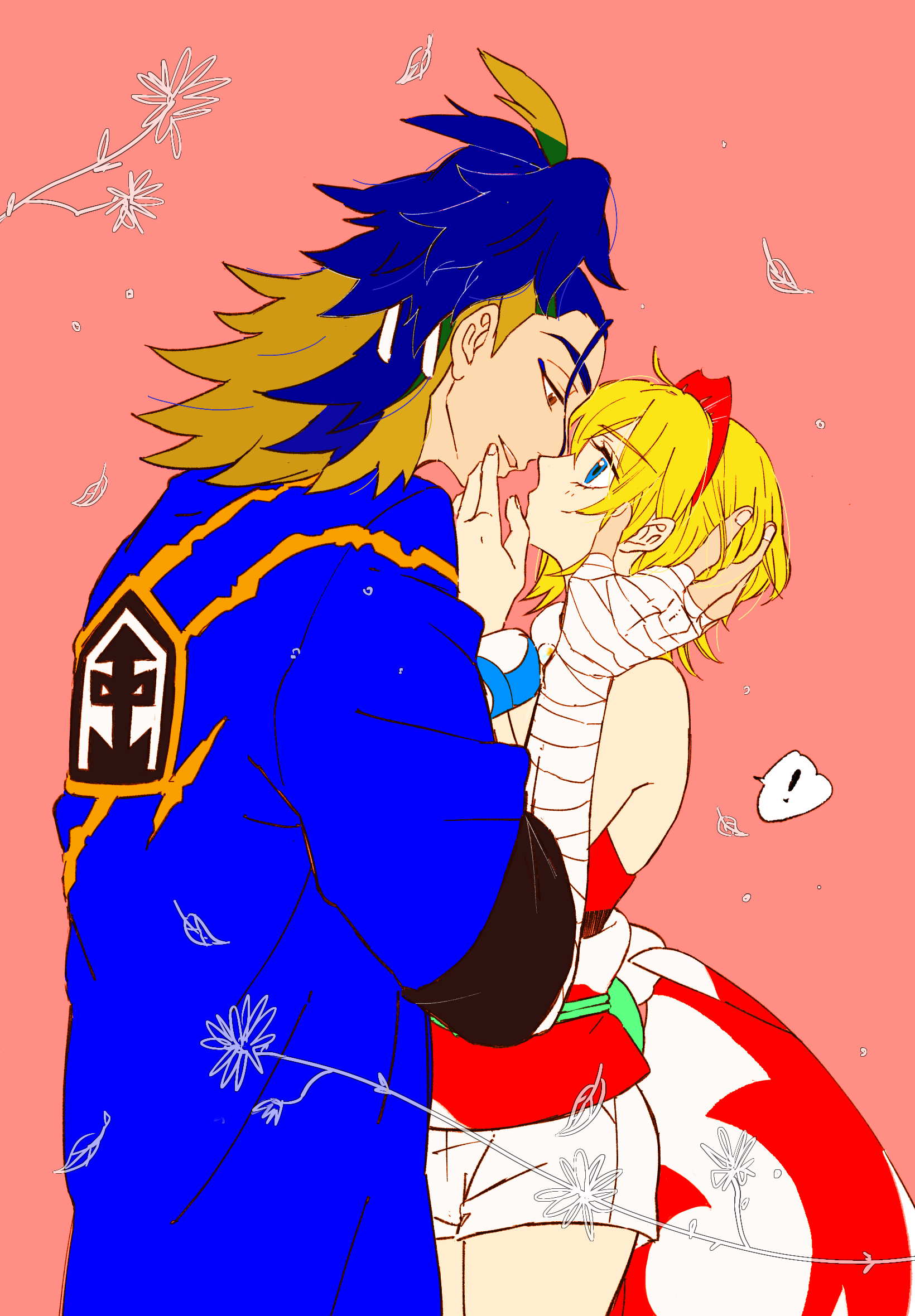 ! 1boy 1girl adaman_(pokemon) arm_wrap blonde_hair blue_coat blue_eyes brown_eyes coat hand_on_another&#039;s_face hetero highres imminent_kiss irida_(pokemon) jiro_(nrnn7532) looking_at_another multicolored_hair nintendo pink_background pokemon pokemon_legends:_arceus two-tone_hair