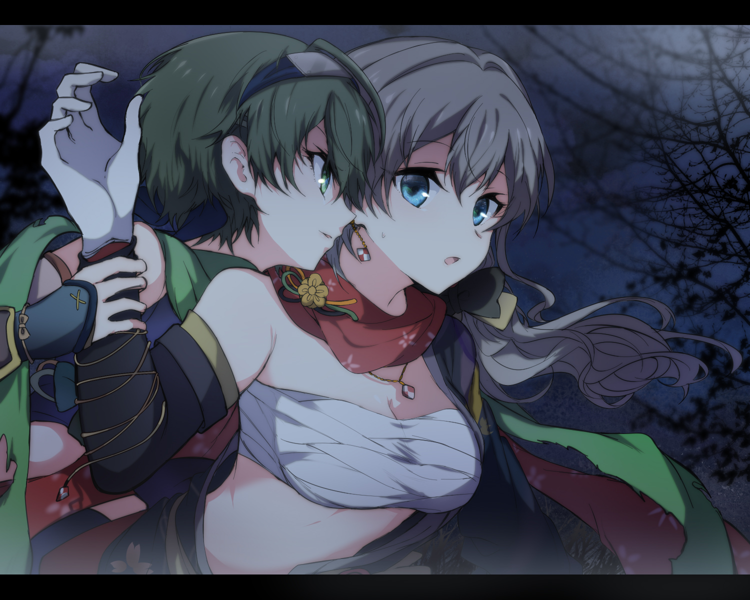 2girls 5p_(opi_32) battle_girl_high_school blue_eyes breasts commentary_request earrings eyelashes grabbing_another's_arm green_hair grey_hair hair_between_eyes highres jewelry large_breasts letterboxed long_hair multiple_girls narumi_haruka night open_mouth outdoors red_scarf sarashi scarf short_hair tree wakaba_subaru yuri