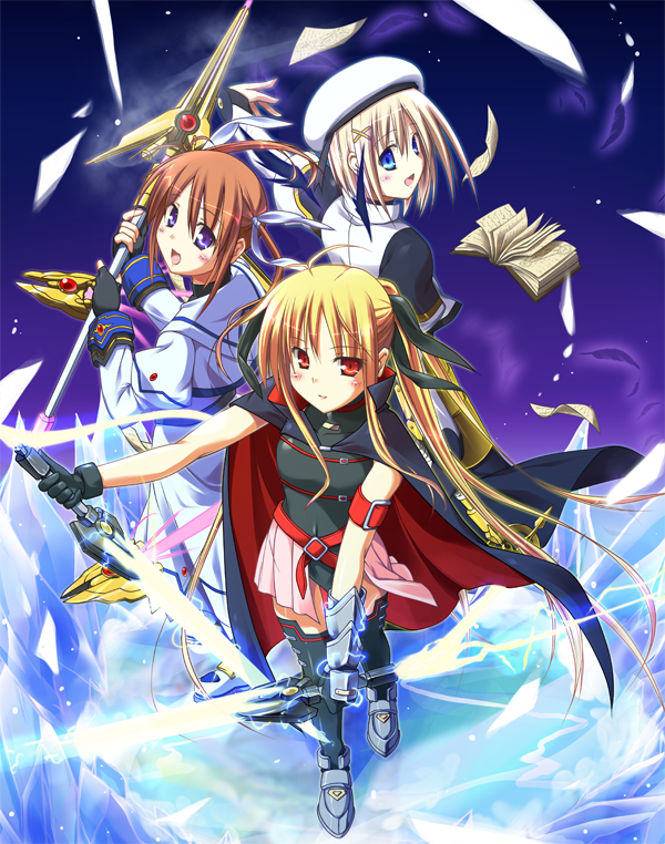 00s 3girls bardiche_(nanoha) bardiche_(riot_zanber_stinger)_(nanoha) blonde_hair blue_eyes book cape fate_testarossa fate_testarossa_(lightning_form) hat ice long_hair lyrical_nanoha mahou_shoujo_lyrical_nanoha mahou_shoujo_lyrical_nanoha_a&#039;s multiple_girls raising_heart raising_heart_(blaster_bit) raising_heart_(exceed_mode) red_eyes schwertkreuz staff sword t-ray takamachi_nanoha takamachi_nanoha_(sacred_mode) thighhighs tome_of_the_night_sky twintails weapon yagami_hayate