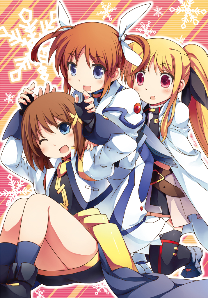 3girls :d :o ;d armor bad_id bad_pixiv_id belt black_legwear blonde_hair blue_eyes blush brown_hair cape fate_testarossa fate_testarossa_(blaze_form) faulds fingerless_gloves gauntlets gloves hair_ribbon kneeling kouno_hikaru long_hair lyrical_nanoha magical_girl mahou_shoujo_lyrical_nanoha mahou_shoujo_lyrical_nanoha_a&#039;s mahou_shoujo_lyrical_nanoha_the_movie_2nd_a&#039;s multiple_girls one_eye_closed open_mouth outline purple_eyes red_eyes ribbon short_hair sitting smile snowflakes takamachi_nanoha takamachi_nanoha_(exelion_mode) thighhighs twintails wink yagami_hayate