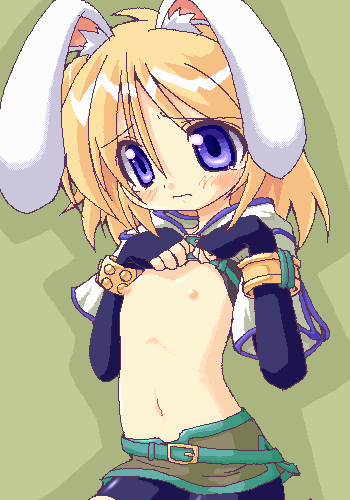 1girl 2000s_(style) animal_ear_fluff animal_ears black_gloves black_shorts blonde_hair blue_eyes blush brown_skirt closed_mouth clothes_lift commentary_request cowboy_shot cropped_jacket elbow_gloves fingerless_gloves flat_chest frown gloves green_background hunter_(ragnarok_online) jacket looking_at_viewer lowres medium_hair miniskirt navel nipples oekaki purple_eyes rabbit_ears rabbit_girl ragnarok_online raised_inner_eyebrows shirokuro_(lapinnoir) shirt_lift short_sleeves shorts shorts_under_skirt skirt solo white_jacket