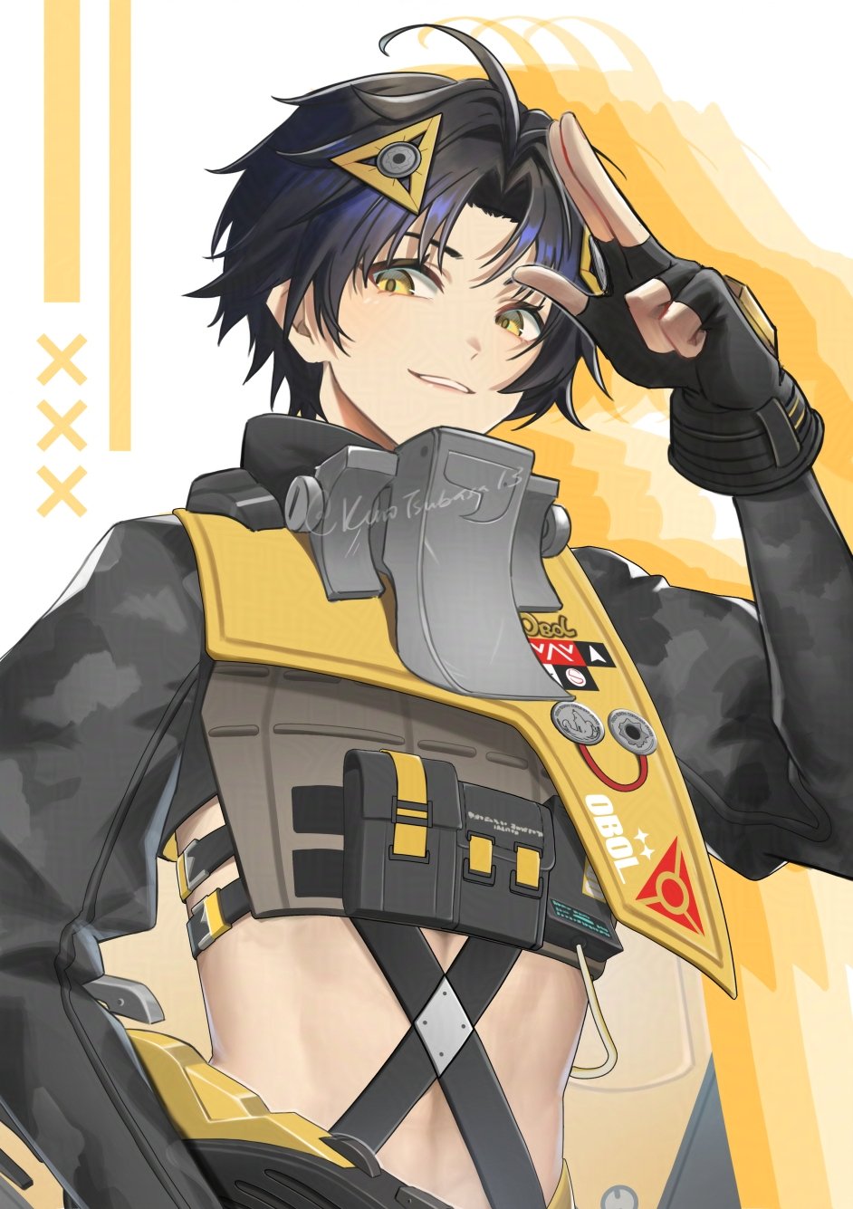 1boy armor asaba_harumasa black_gloves black_hair black_shirt crop_top fingerless_gloves gloves hair_ornament highres kuro_tsubasa long_sleeves male_focus midriff shirt short_hair simple_background smile solo teeth triangle_hair_ornament yellow_eyes zenless_zone_zero
