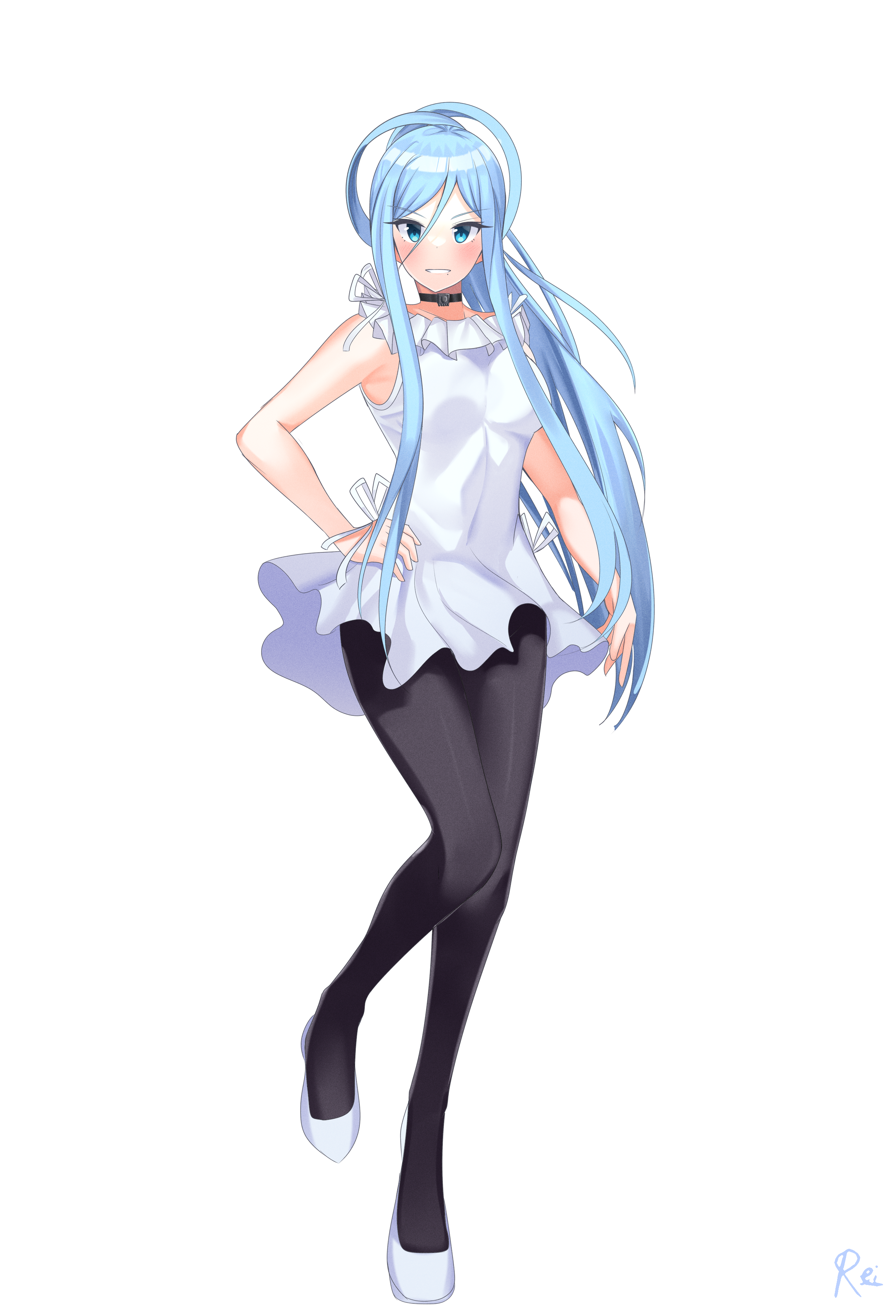 1girl absurdres aoki_hagane_no_arpeggio artist_name bare_shoulders blue_eyes blue_hair blush breasts choker commentary commission dress english_commentary full_body hair_between_eyes hand_on_own_hip high_heels highres jewelry legs long_hair looking_at_viewer medium_breasts pantyhose reiei_8 shoes short_dress sidelocks skirt sleeveless sleeveless_dress smile solo standing takao_(aoki_hagane_no_arpeggio) transparent_background very_long_hair white_dress white_shoes