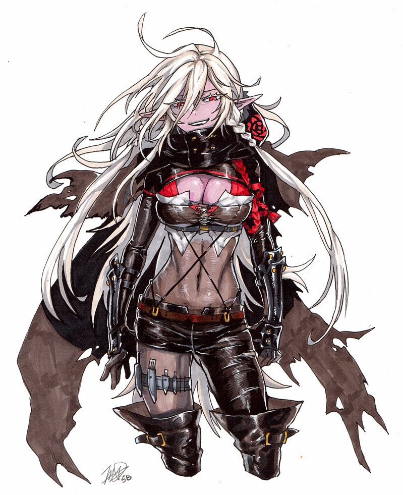 1girl ahoge armor artist_request assassin belt black_boots black_gloves bodystocking bodysuit boots braid breasts cleavage cloak colored_skin dungeon_and_fighter evil_smile floral_print flower gloves hood hooded_cloak knife large_breasts leather leather_armor leather_boots leather_gloves leather_suit long_hair looking_at_viewer messy_hair pointy_ears red_eyes red_flower red_rose rose rose_print shadow_dancer_(dungeon_and_fighter) shiny_clothes side_braid smile solo thief_(dungeon_and_fighter) thigh_boots throwing_knife torn_clothes twin_braids weapon white_hair