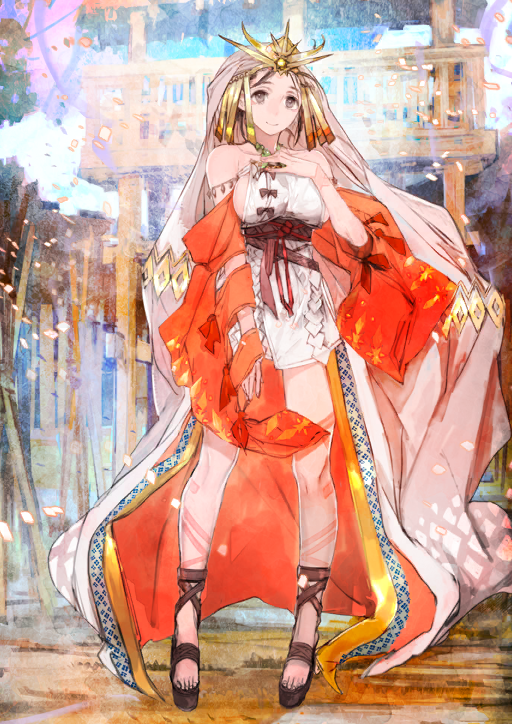 1girl arm_tattoo armlet bare_shoulders bead_necklace beads breasts brown_hair brown_sandals brown_sash closed_mouth collarbone detached_sleeves dress fate/grand_order fate_(series) full_body game_cg grey_eyes hand_on_own_chest headdress high-low_dress himiko_(fate) himiko_(second_ascension)_(fate) jewelry large_breasts leg_tattoo long_sleeves looking_at_viewer magatama magatama_necklace necklace official_art orange_sleeves petals platform_sandals sandals shide sideboob sideless_dress smile solo standing strapless strapless_dress tattoo third-party_source toes toi8 two-sided_dress two-sided_fabric underbust variant_set veil white_veil