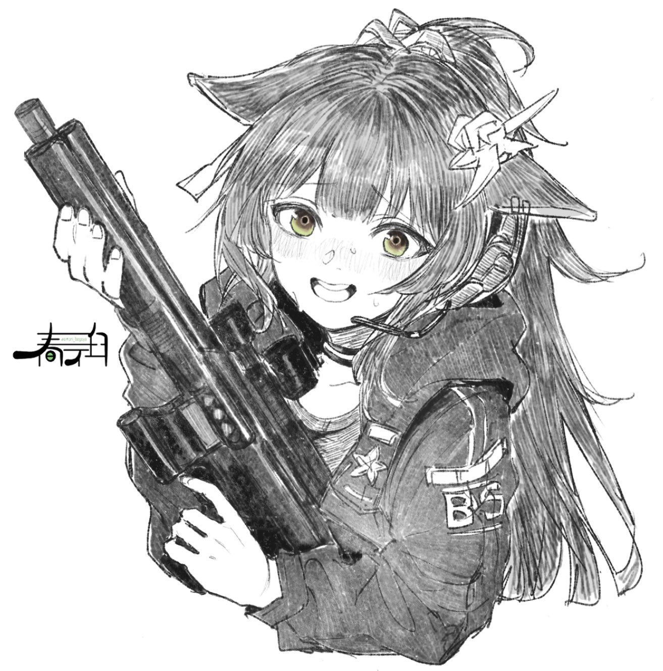 1girl animal_ears arknights artist_logo blush clothes_writing commentary_request cropped_torso fingernails green_eyes greyscale gun harukan_tiusu hatching_(texture) headset highres holding holding_gun holding_weapon hood hood_down hooded_jacket jacket jessica_(arknights) jessica_the_liberated_(arknights) linear_hatching logo long_hair long_sleeves looking_at_viewer monochrome nervous nervous_smile nose_blush open_mouth shirt simple_background sketch smile solo spot_color weapon white_background