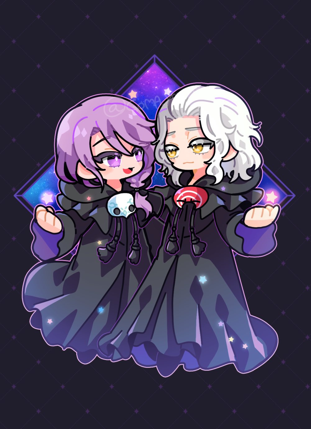 2boys :3 black_background black_robe closed_mouth emet-selch final_fantasy final_fantasy_xiv goma_yammy highres hood hood_down hooded_robe hythlodaeus male_focus medium_hair multiple_boys open_mouth parted_bangs purple_eyes purple_hair robe smile sophist&#039;s_robe_(ff14) white_hair yellow_eyes