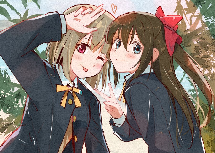2girls ;p black_jacket blazer blue_eyes blush bow brown_hair closed_mouth collared_shirt commentary_request grey_hair hair_between_eyes hair_bow half_updo heart jacket long_hair long_sleeves looking_at_viewer love_live! love_live!_nijigasaki_high_school_idol_club multiple_girls nakasu_kasumi neck_ribbon nijigasaki_school_uniform one_eye_closed osaka_shizuku outdoors red_bow red_eyes ribbon school_uniform shirt short_hair sidelocks skt_(ryxxxxx) smile tongue tongue_out v w white_shirt winter_uniform yellow_ribbon