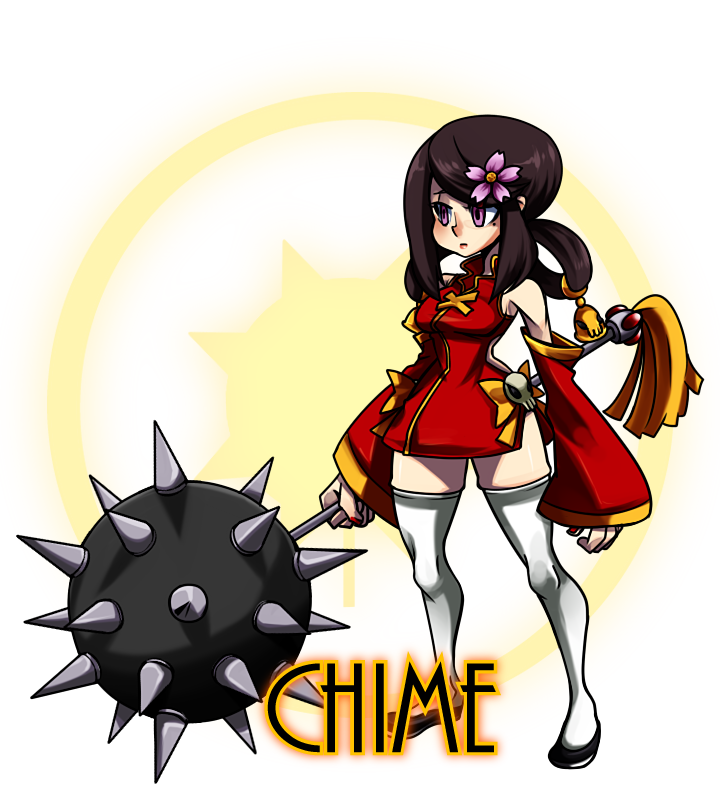 1girl alex_ahad_(style) bell bow brown_hair chinese_clothes curvy detached_sleeves dress female_focus flats flower frown hair_ornament hair_rings mace mole nail_polish original pink_eyes sad short_dress skullgirls solo spikes terrainakka thighhighs transparent_background weapon white_thighhighs zettai_ryouiki