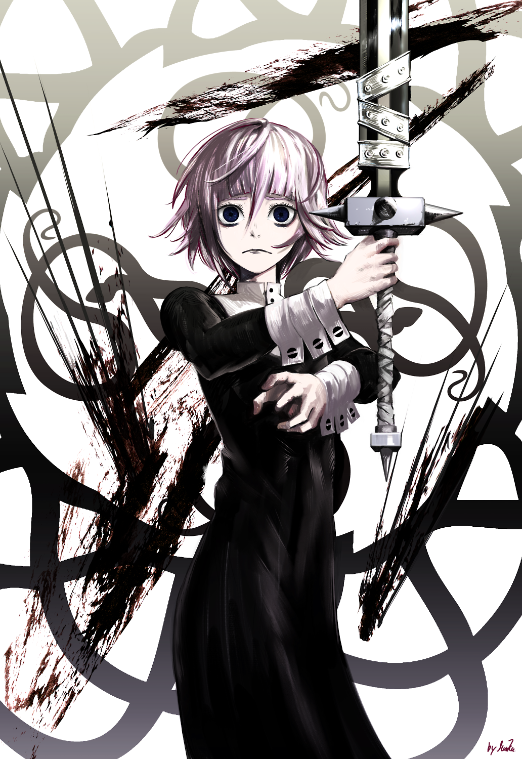 1other abstract_background androgynous black_blood black_dress black_eyes blood bob_cut crona_(soul_eater) dress frown highres holding holding_sword holding_weapon looking_at_viewer markupix multiple_boys pink_hair ragnarok_(demon_sword) signature soul_eater spikes standing sword weapon