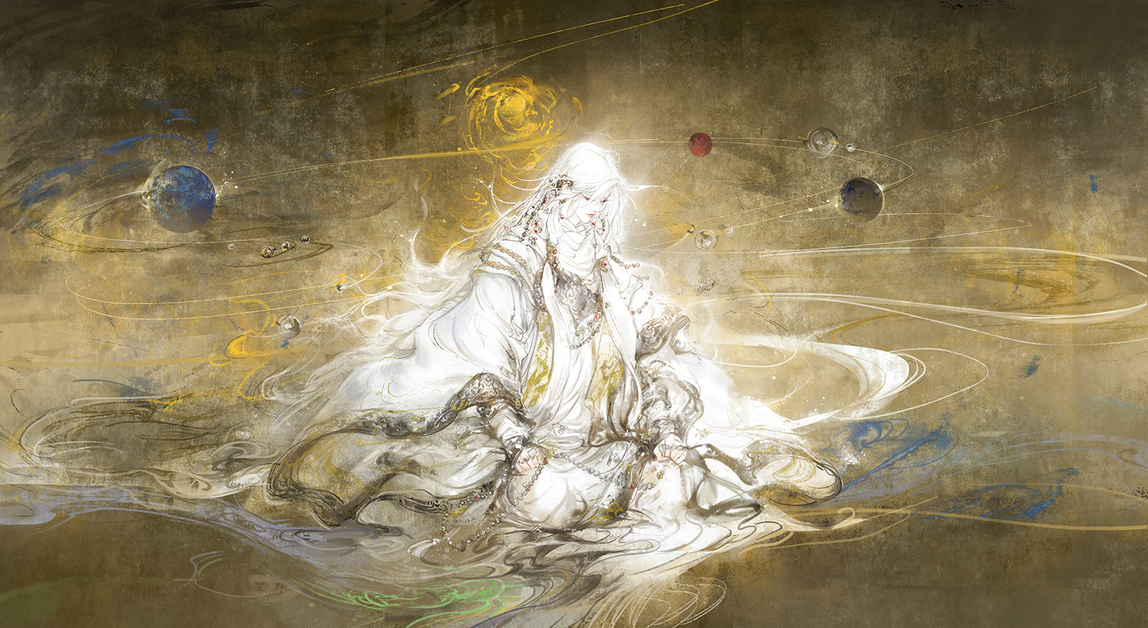 1boy beads chinese_clothes closed_mouth floating_hair hair_ornament hair_over_one_eye hand_on_own_knee hanfu highres holding jinguang_budaixi kcllzas163 kneeling layered_sleeves long_hair long_sleeves looking_down male_focus parted_bangs parted_hair planet prayer_beads qiao_rulai solo three_quarter_view white_hair white_hanfu white_sleeves wide_sleeves