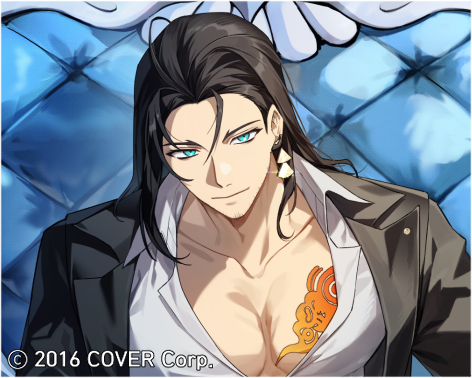 1boy black_hair black_jacket blue_eyes border chair chest_tattoo closed_mouth collarbone copyright_notice earrings facial_hair hair_down hh9903 holostars holostars_english jacket jewelry josuiji_shinri long_hair looking_at_viewer lowres male_focus official_art open_clothes open_jacket parted_bangs pectoral_cleavage pectorals shirt single_earring smile solo stubble tattoo upper_body virtual_youtuber white_border white_shirt wing_collar