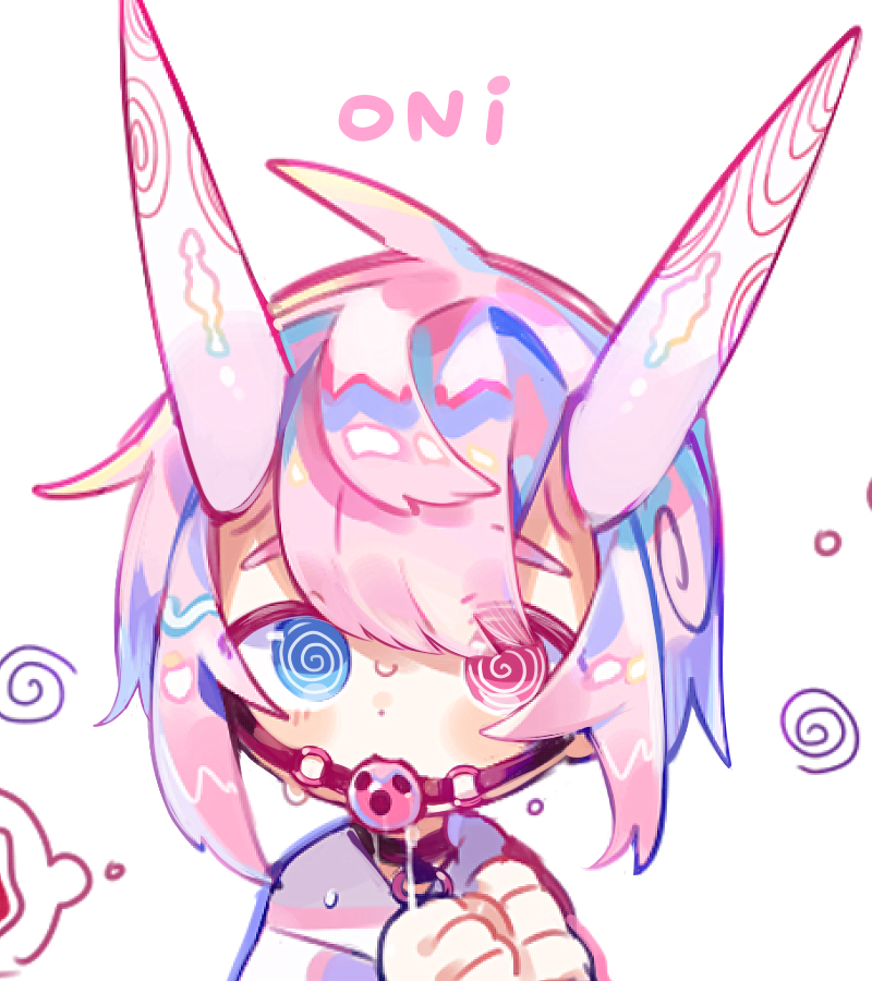 1boy @_@ ball_gag bdsm black_leash blue_eyes blush bondage bound bound_wrists close-up collar commentary_request cuffs dot_nose drooling gag handcuffs heterochromia hood hood_down hoodie horns leash male_focus oni oni_horn original pink_eyes pink_hair raito-kun_(uenomigi) simple_background solo speech_bubble sweat swirl tagme thought_bubble trap uenomigi upper_body white_background white_hoodie white_horns