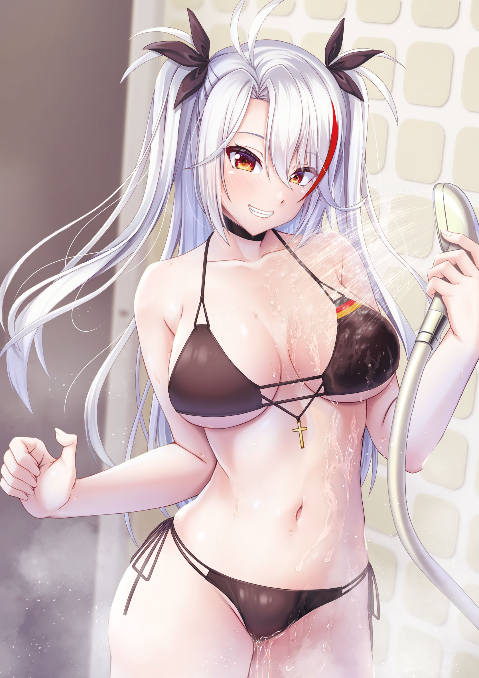 1girl antenna_hair azur_lane bare_shoulders bikini black_bikini black_choker breasts choker cleavage collarbone commentary_request cowboy_shot cross flag_print gekato german_flag german_flag_bikini grin groin hair_between_eyes hair_ribbon highres holding holding_shower_head indoors large_breasts long_hair looking_at_viewer multicolored_hair navel official_alternate_costume orange_eyes prinz_eugen_(azur_lane) prinz_eugen_(unfading_smile)_(azur_lane) red_hair ribbon shower_(place) shower_head showering side-tie_bikini_bottom sidelocks smile solo standing steam stomach streaked_hair swimsuit teeth tile_wall tiles two_side_up wet white_hair