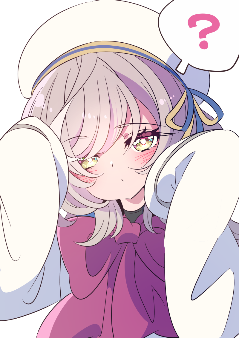 1girl ? assault_lily beret blue_ribbon blush borrowed_clothes bow bowtie bright_pupils closed_mouth commentary grey_hair hands_up hat hat_ribbon head_tilt herensuge_girls_academy_school_uniform honkawa_works jacket long_hair long_sleeves looking_at_viewer multicolored_hair red_bow red_bowtie ribbon sasaki_ran school_uniform simple_background sleeves_past_fingers sleeves_past_wrists solo speech_bubble spoken_question_mark streaked_hair upper_body white_background white_hat white_jacket white_pupils yellow_eyes yellow_ribbon