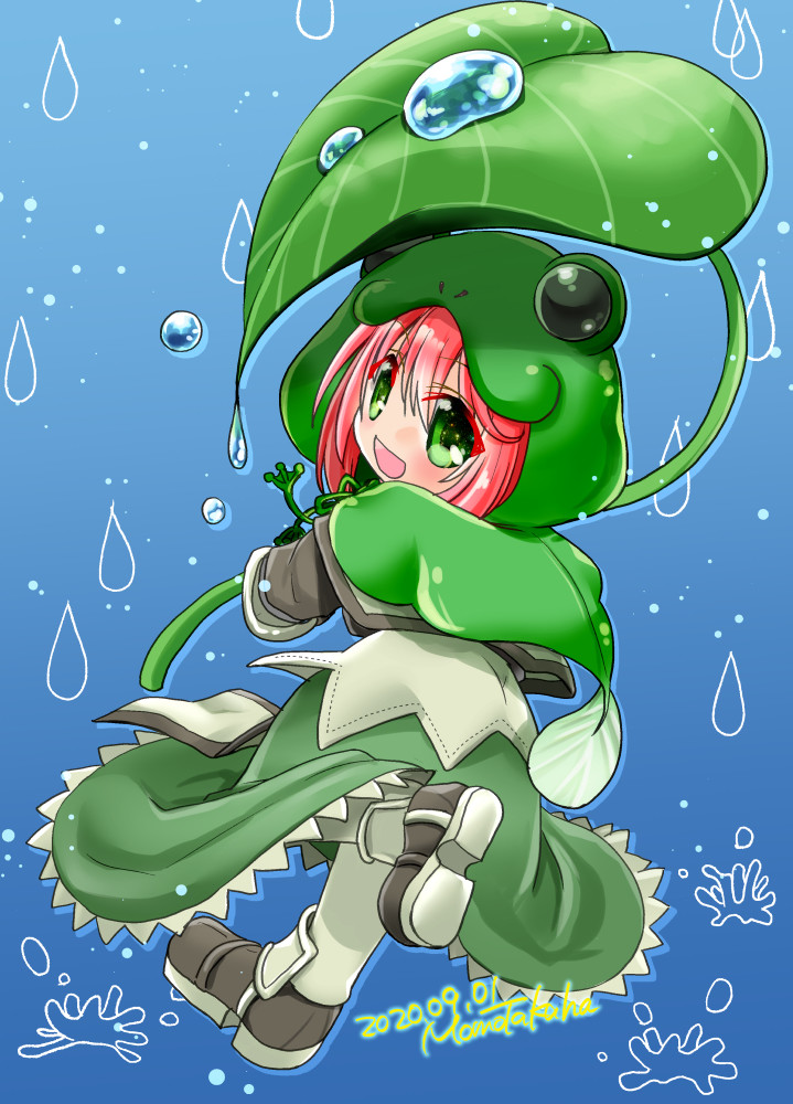 1girl :d alternate_color armored_boots blue_background boots capelet commentary_request dress full_body green_capelet green_dress green_eyes leaf_umbrella long_sleeves looking_at_viewer open_mouth pink_hair ragnarok_online short_hair smile solo swordsman_(ragnarok_online) takaha_momo water water_drop