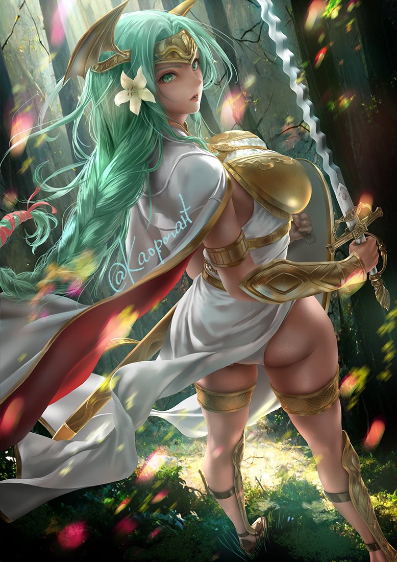 1girl armor ass braid braided_ponytail breastplate breasts cape fire_emblem fire_emblem:_three_houses flower forearm_jewelry from_behind green_eyes green_hair hair_flower hair_ornament kaopon large_breasts long_hair nintendo panties seiros_(fire_emblem) shield solo sword thigh_bracelet tiara underwear weapon white_panties