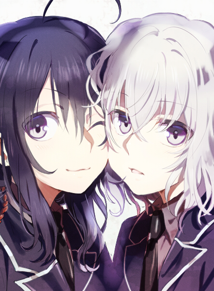 10s 2boys ahoge black_hair cheek-to-cheek heads_together honebami_toushirou male_focus multiple_boys namazuo_toushirou necktie one_eye_closed purple_eyes saku_(pixiv526117) simple_background smile touken_ranbu white_hair
