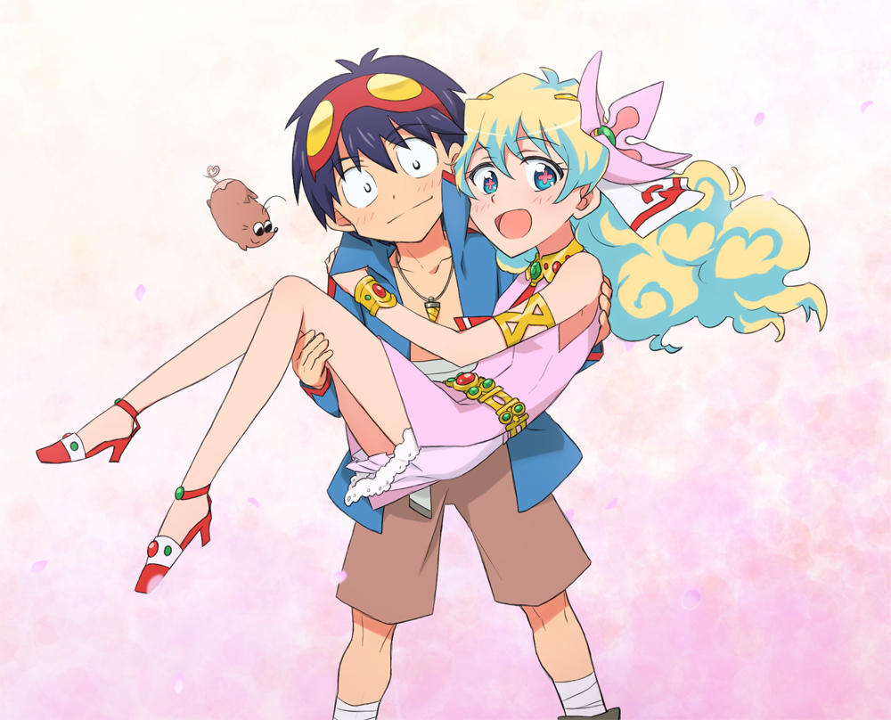 1boy 1girl armlet blonde_hair blue_eyes blue_hair blue_jacket boota_(ttgl) bracelet brown_shorts carrying dress drill flower goggles goggles_on_head hair_between_eyes hair_flower hair_ornament high_heels jacket jewelry long_hair looking_at_viewer multicolored_hair necklace nia_teppelin open_clothes open_jacket open_mouth petals pink_dress princess_carry short_hair shorts simon_(ttgl) sleeveless sleeveless_dress supinosu tengen_toppa_gurren_lagann topless_male two-tone_hair very_long_hair