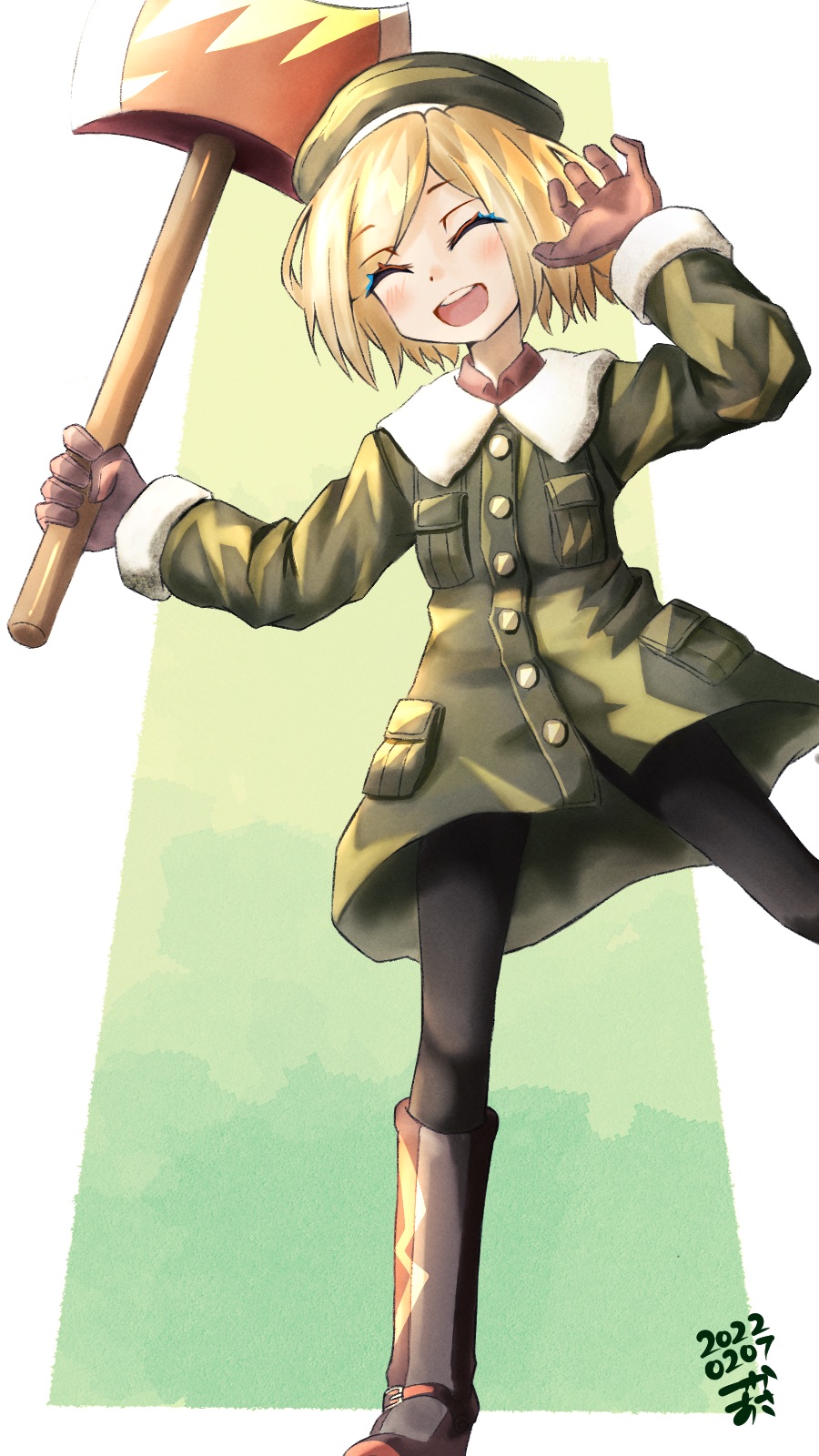 1girl :d axe black_pantyhose blonde_hair boots brown_boots brown_gloves buttons closed_eyes coat commentary_request dated facing_viewer fate/grand_order fate_(series) fur-trimmed_coat fur_trim gloves green_background green_coat highres holding holding_axe long_sleeves open_mouth pantyhose paul_bunyan_(fate) pocket short_hair smile solo standing standing_on_one_leg teeth tsukaasa upper_teeth_only white_background