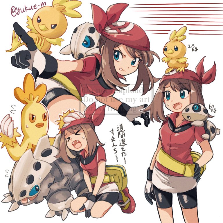 &gt;o&lt; 1girl :p aron bandana bike_shorts black_gloves black_shorts blue_eyes brown_hair combusken commentary_request fangs fanny_pack flying_sweatdrops game_freak gen_3_pokemon gloves hand_on_own_hip lairon may_(pokemon) multiple_views nintendo on_head on_shoulder open_mouth pokemon pokemon_(creature) pokemon_adventures pokemon_on_head pokemon_on_shoulder red_bandana red_shirt shirt short_sleeves shorts sweatdrop tongue tongue_out torchic twitter_username two-tone_gloves white_background white_gloves yukue_m