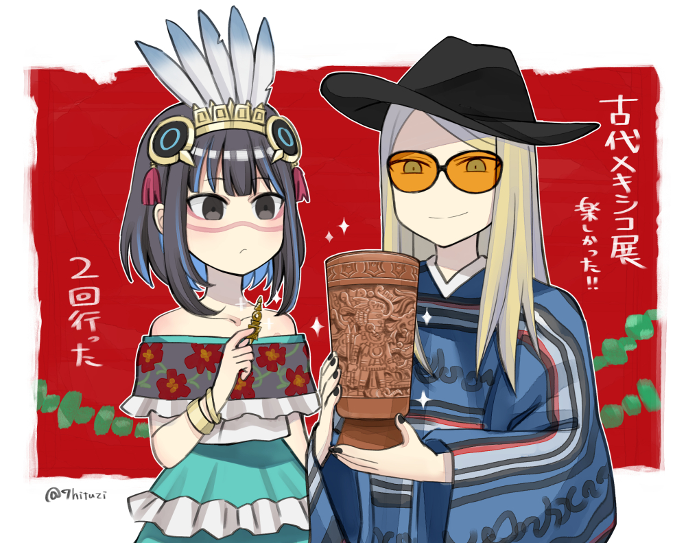 aztec blonde_hair colored_inner_hair erohitu eyeliner facepaint fate/grand_order fate_(series) jewelry makeup mexican_dress multicolored_hair neck_ring poncho tenochtitlan_(ancient_mexico_exhibition)_(fate) tenochtitlan_(fate) tezcatlipoca_(fate) tinted_eyewear