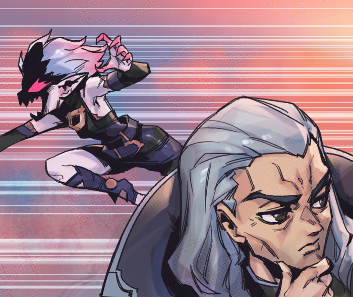 1boy 1girl ahoge belt black_belt black_jacket blank_eyes briar_(league_of_legends) brown_eyes closed_mouth colored_sclera colored_skin commentary detached_sleeves grey_hair hair_between_eyes hair_slicked_back hair_up jacket league_of_legends long_hair looking_ahead no_shoes open_mouth phantom_ix_row pink_hair pointy_ears red_sclera sidelocks sitting spread_legs stirrup_legwear swain_(league_of_legends) symbol-only_commentary toeless_legwear vampire wrist_cuffs