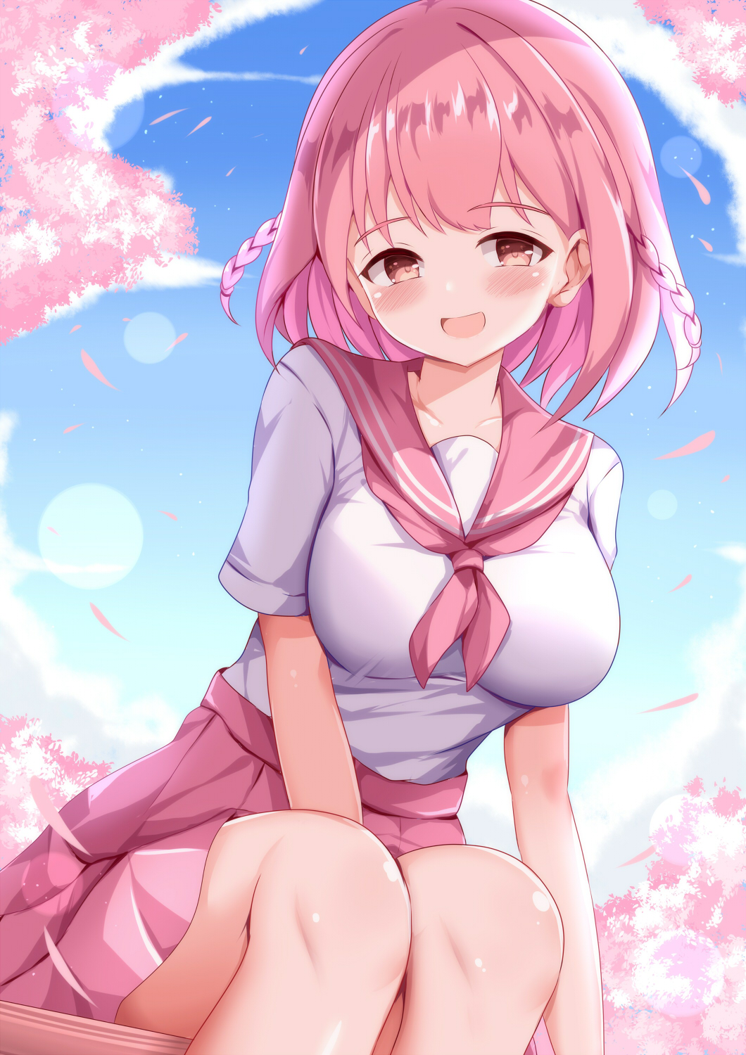 1girl blue_sky blush braid breasts cherry_blossoms falling_petals highres hoshizaki_akari large_breasts lens_flare looking_at_viewer medium_hair ongeki open_mouth petals pink_eyes pink_hair pink_sailor_collar pink_skirt pleated_skirt sailor_collar school_uniform shirt short_sleeves sitting skirt sky smile solo white_shirt xenon_(for_achieve)