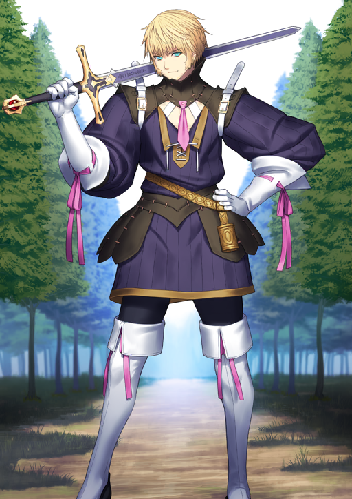 1boy aqua_eyes armor belt belt_buckle black_pants blonde_hair boots brown_armor buckle closed_mouth cross-laced_clothes cross-laced_top durandal_(fate) fate/grand_order fate_(series) feet_out_of_frame game_cg gloves hand_on_own_hip hand_up high_collar holding holding_sword holding_weapon leather_armor legs_apart long_sleeves looking_at_viewer male_focus neck_armor necktie official_art over_shoulder pants pink_necktie pink_ribbon puffy_sleeves purple_tunic ribbon roland_(fate) sakamoto_mineji short_hair short_necktie shoulder_belt sideburns smile solo standing sword thigh_boots third-party_source tunic variant_set weapon weapon_over_shoulder white_belt white_boots white_gloves