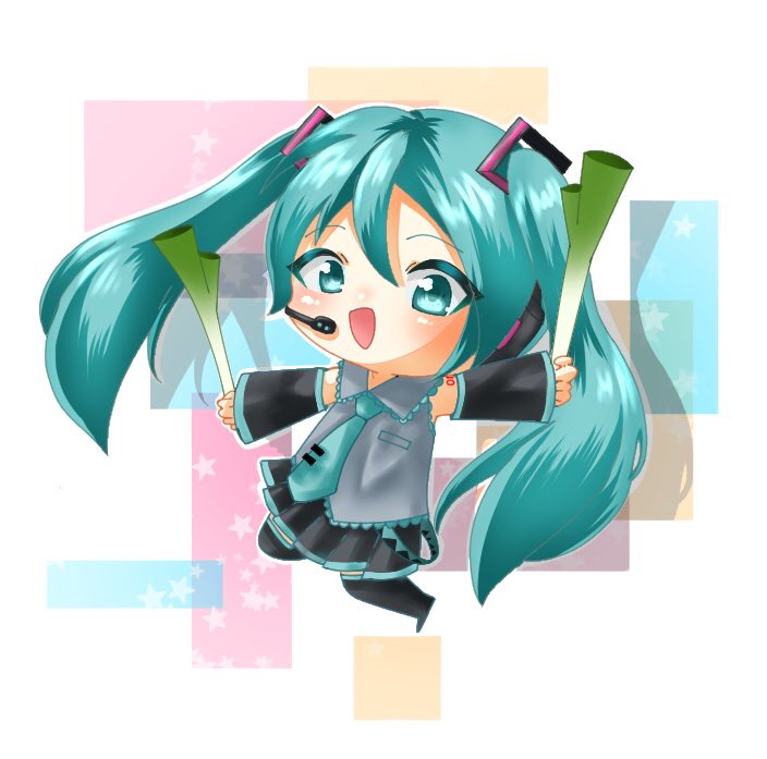 1girl absurdly_long_hair anniversary aqua_eyes aqua_hair artist_name artist_request bare_shoulders black_boots black_legwear black_skirt blue_eyes blue_hair blue_neckwear boots breasts chibi collared_shirt female_focus food full_body grey_shirt hatsune_miku headphones headset holding holding_food holding_spring_onion holding_vegetable ievan_polkka_(vocaloid) long_hair mioringo number_tattoo shirt short_sleeves shoulder_tattoo skirt small_breasts solo spring_onion standing standing_on_one_leg tattoo twintails vegetable very_long_hair vocaloid