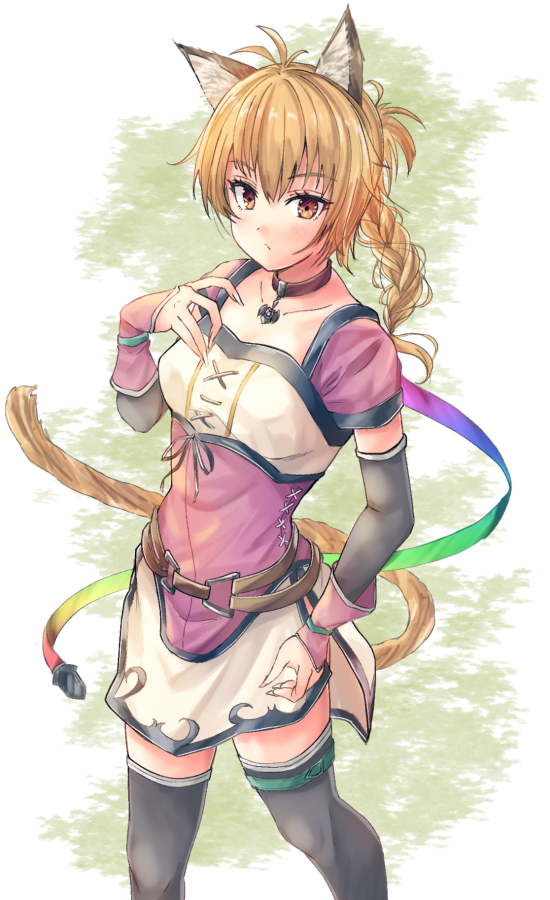1girl alternate_eye_color animal_ears belt braid cat_ears cat_girl cat_tail closed_mouth collar elbow_gloves fire_emblem fire_emblem:_radiant_dawn fuussu_(21-kazin) gloves laguz_(fire_emblem) looking_at_viewer lyre_(fire_emblem) messy_hair nintendo orange_eyes orange_hair orange_tail pink_collar rainbow_ribbon skirt solo tail thigh_belt thigh_strap thighhighs zettai_ryouiki