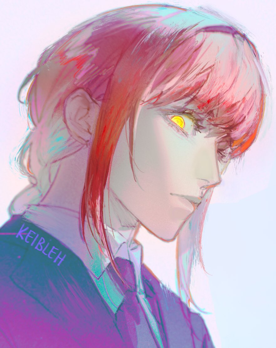 1girl chainsaw_man closed_mouth jacket keibleh long_hair looking_at_viewer makima_(chainsaw_man) necktie purple_jacket purple_necktie red_hair ringed_eyes shirt sidelocks solo white_shirt yellow_eyes