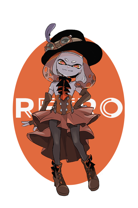 1girl ascot black_ascot black_hat boots brown_boots brown_gloves brown_hair brown_ribbon brown_skirt closed_mouth commentary corset cross-shaped_pupils elbow_gloves fingerless_gloves full_body gloves goggles goggles_on_headwear grey_pantyhose hand_on_own_hip hat hat_feather hat_ribbon imaikuy0 inkling lace-up_boots looking_at_viewer medium_hair mole mole_under_mouth multicolored_hair nintendo official_alternate_costume orange_hair pantyhose pearl_(splatoon) red_pupils ribbon shirt short_sleeves skirt smile solo splatoon_(series) splatoon_2 standing symbol-only_commentary symbol-shaped_pupils tentacle_hair top_hat transparent_background white_shirt yellow_eyes