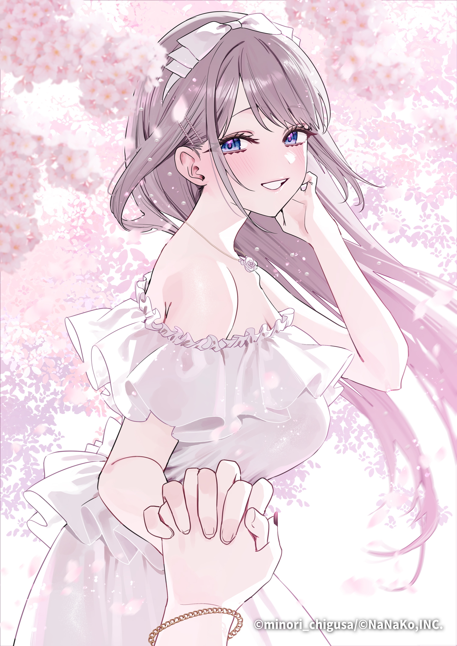 2girls bare_shoulders blue_eyes blush breasts chigusa_minori cleavage collarbone dress female_pov gradient_nails grey_hair hair_between_eyes highres large_breasts long_hair looking_at_viewer multiple_girls off_shoulder open_mouth out_of_frame pov pov_hands purple_nails saotome_shino_(shino_to_ren) second-party_source shino_to_ren shirayuki_ren skirt smile yuri
