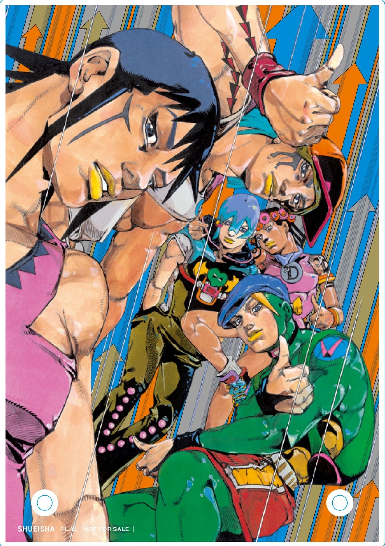 1girl 4boys araki_hirohiko arrow_(symbol) baseball_cap bell-bottoms beret black_bridal_gauntlets black_choker black_eyes black_hair blonde_hair blue_eyes blue_hair blue_hat bodysuit braid breasts bridal_gauntlets brooch charming_man choker dragona_joestar flower green_bodysuit green_overalls grey_sleeves hair_between_eyes hair_flower hair_ornament hat heart_ornament highres jewelry jodio_joestar jojo_no_kimyou_na_bouken jojo_pose long_bangs looking_at_viewer makeup medium_hair multicolored_hair multiple_boys non-web_source official_art overalls paco_laburantes pants parted_lips pink_overalls pink_shirt pointing red_shorts shirt short_sleeves shorts single_braid tank_top teeth the_jojolands thumbs_up two-tone_hair usagi_aloha'oe wristband yellow_lips
