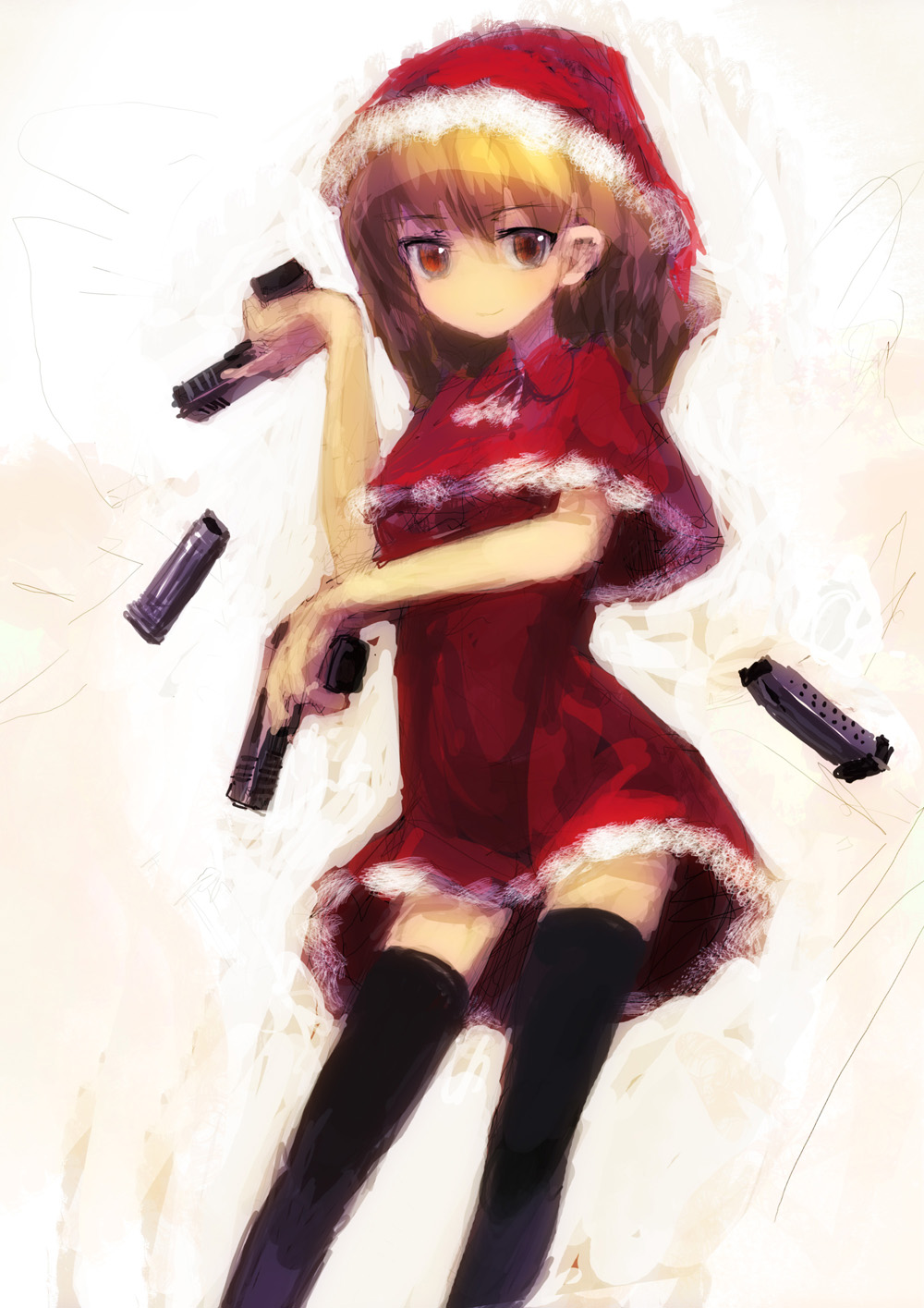1girl bad_id bad_pixiv_id christmas dual_wielding female_focus gradient_background gun handgun highres holding lm7_(op-center) magazine_(object) magazine_(weapon) magazine_ejection santa_costume semi-automatic_pistol solo thighhighs trigger_discipline weapon white_background witness_holes