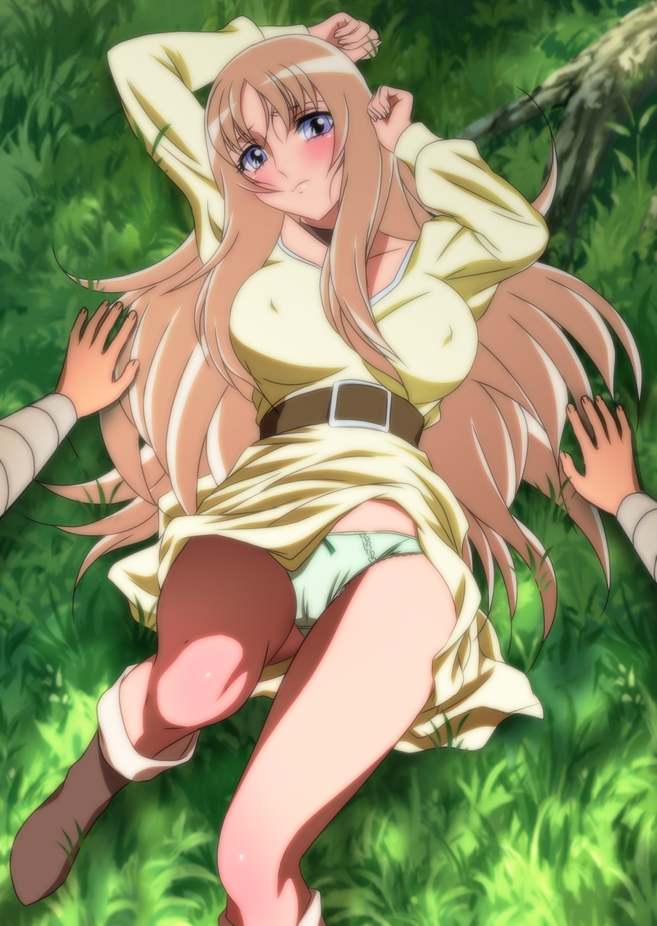 10s 1girl aquila_yuna arms_up belt blonde_hair blue_eyes blush boots breasts choker clothes_lift covered_erect_nipples dress dress_lift embarrassed grass green_panties highres large_breasts legs long_hair looking_at_viewer lying panties pegasus_koga saint_seiya saint_seiya_omega thighs underwear yadokari_genpachirou