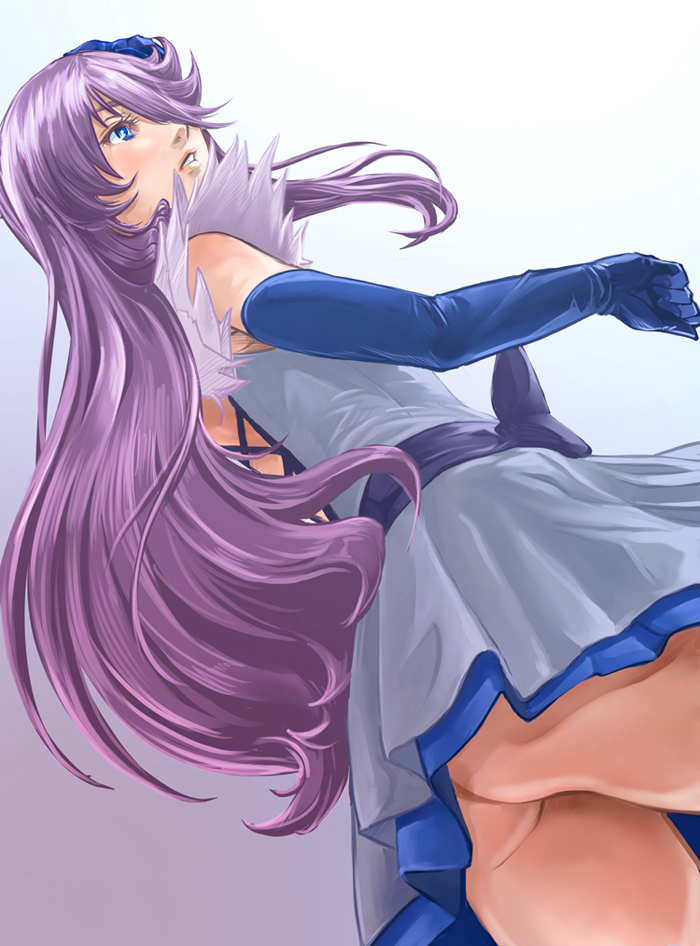 10s 1girl ass blue_eyes cure_moonlight dutch_angle female_focus from_below gloves goru_(cure_golgom) gradient_background hair_over_one_eye heartcatch_precure! long_hair magical_girl miniskirt precure purple_background purple_hair skirt solo tsukikage_yuri white_background