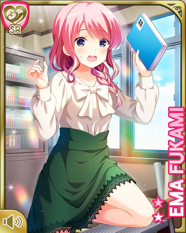 1girl book bow braid card_(medium) character_name day dress fukami_ema girlfriend_(kari) green_dress indoors ladder long_hair official_art open_mouth panic pink_hair purple_eyes qp:flapper shirt standing tagme white_bow white_shirt