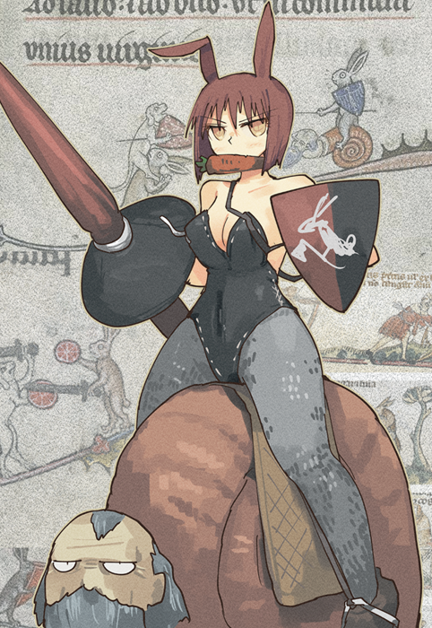 1boy 1girl animal_ears beard breasts carrot facial_hair food_in_mouth full_beard gregorius_yamada holding holding_polearm holding_shield holding_weapon lance leotard medium_breasts old old_man original playboy_bunny polearm rabbit_ears rabbit_girl red_hair riding shield snail_boy snail_shell weapon