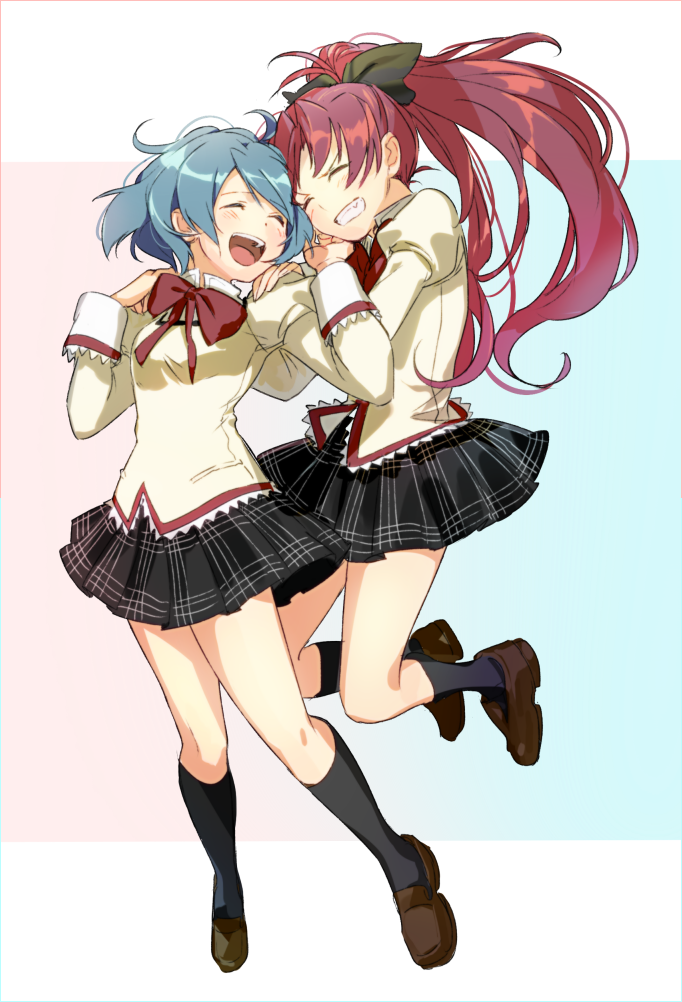 2girls ahoge aqua_background bad_id bad_pixiv_id black_bow blue_hair blue_socks blush border bow bowtie brown_footwear closed_eyes dot_nose facing_another gradient_background grin hair_bow hand_on_another&#039;s_cheek hand_on_another&#039;s_face hand_on_another&#039;s_shoulder juliet_sleeves jumping kneehighs loafers logi_bunbukucha long_hair long_sleeves mahou_shoujo_madoka_magica mahou_shoujo_madoka_magica_(anime) miki_sayaka miniskirt mitakihara_school_uniform multiple_girls open_mouth outside_border pink_background plaid_clothes plaid_skirt pleated_skirt ponytail puffy_sleeves red_bow red_bowtie red_hair sakura_kyoko school_uniform shoes short_hair simple_background skirt smile socks sweater teeth upper_teeth_only white_border yellow_sweater