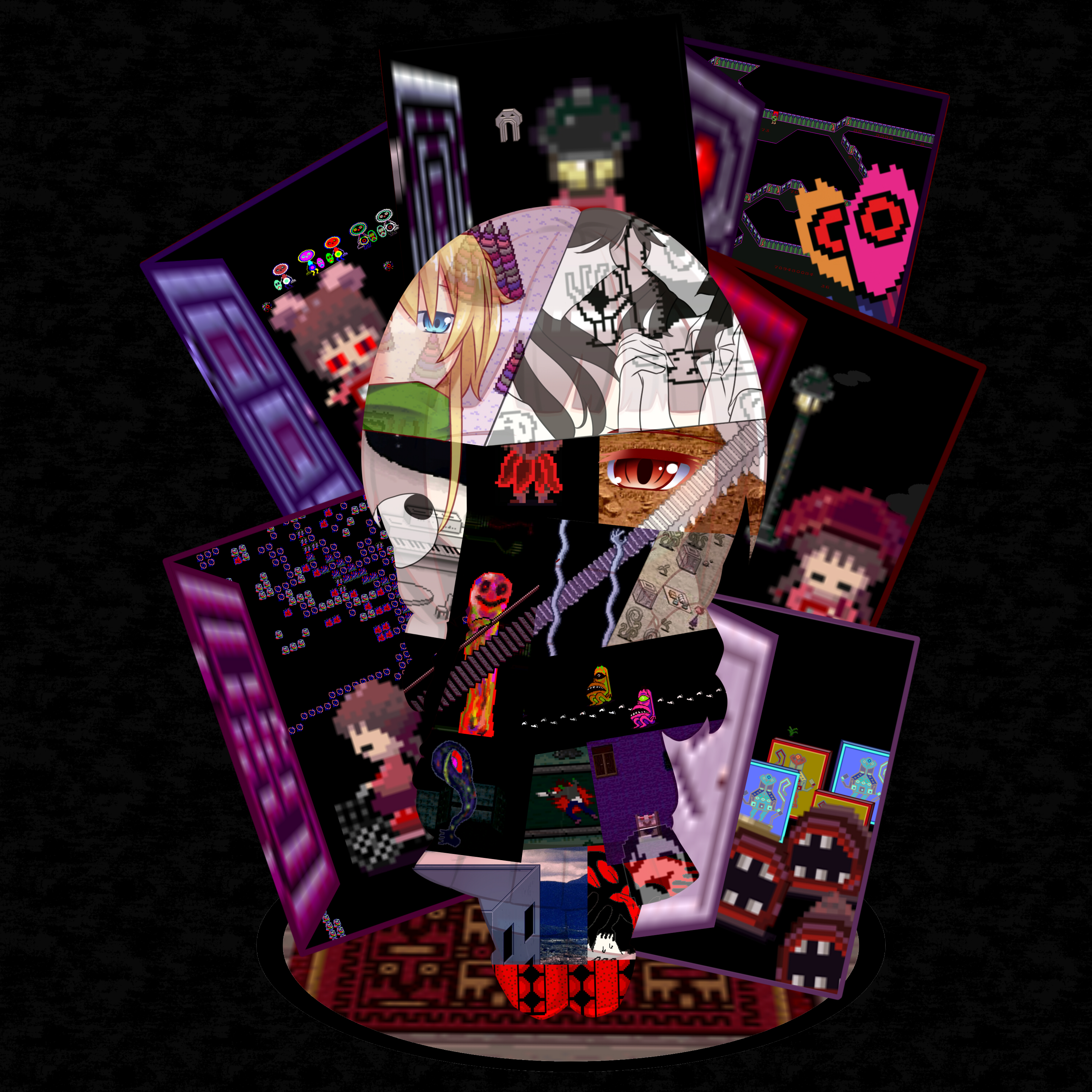 4girls absurdres bad_id bad_pixiv_id black_hair blonde_hair blue_eyes door highres kasei-san kyukkyu-kun lamppost madotsuki mashiro_yozakura monoe monoko multiple_girls poniko sekomumasada_sensei shitaisan stairs uboa umbrella yume_nikki